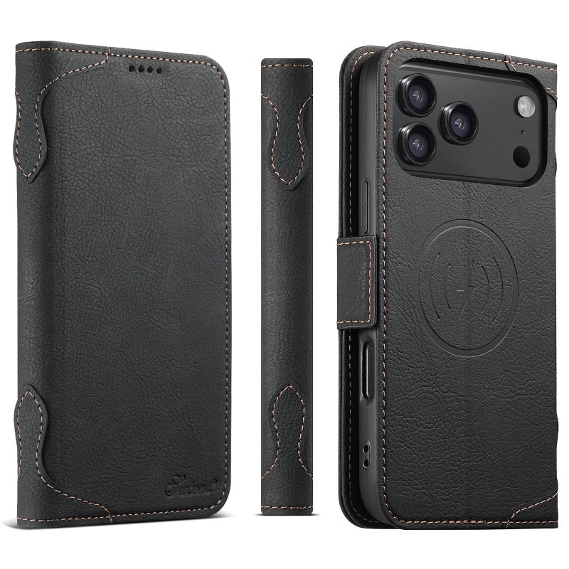 سوتين جراب هاتف جلدي Suteni J07 متعدد الوظائف أفقي قابل للطي Magsafe لهاتف Iphone 17 Pro Max (أسود) - Image 1