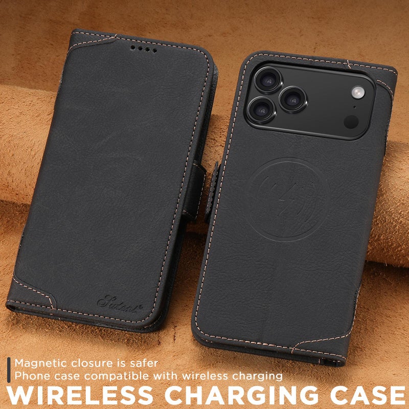 سوتين جراب هاتف جلدي Suteni J07 متعدد الوظائف أفقي قابل للطي Magsafe لهاتف Iphone 17 Pro Max (أسود) - Image 2