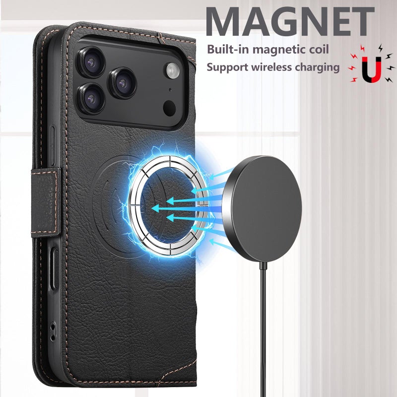 سوتين جراب هاتف جلدي Suteni J07 متعدد الوظائف أفقي قابل للطي Magsafe لهاتف Iphone 17 Pro Max (أسود) - Image 4
