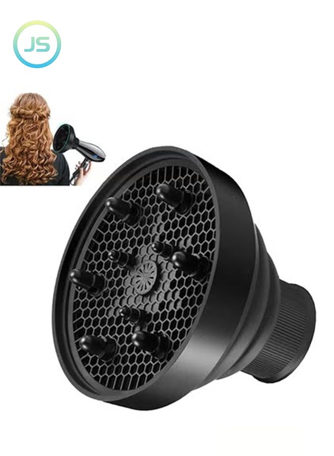 JS Universal Hair Diffuser Adaptable for Blow Dryers with 1.4-Inch to 1.96-Inch,for Curly or Wavy Hair, Lightweight Foldable Portable Travel Folding Design - Black - Image 1
