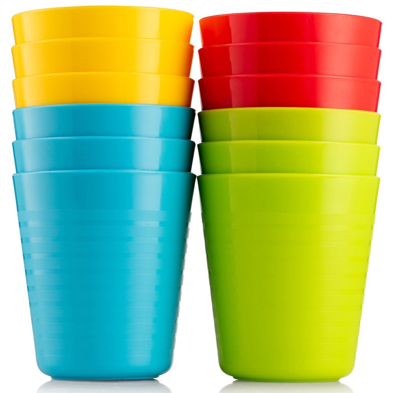 PLASKIDY Kids Plastic Cups, Set of 12, 8 oz, Unbreakable, Reusable, Dishwasher Safe, BPA-Free, Bright Colored Kids Tumblers - Image 1