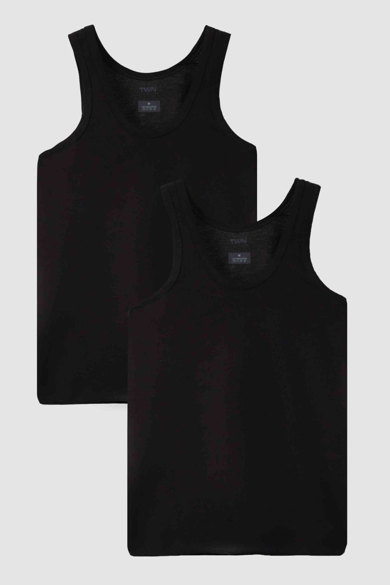 D'S DAMAT Ds Damat Black Standard Fit Breathable Sweat Absorbent 100% Cotton 2-Piece Undershirt 1HC12ORTATL02  - Image 1