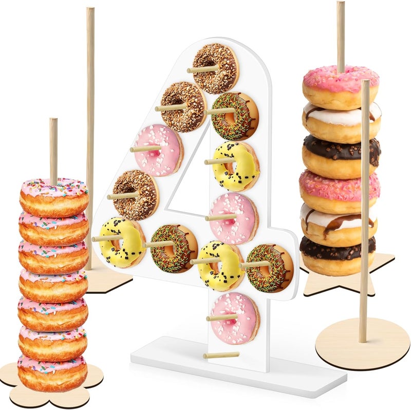 soleim 5 Pcs Donut Stand Set, Doughnut Party Supplies Include 1 Pc Digit Donut Wall Display Stand, 4 Pcs Doughnut Wall, for Birthday Wedding Baby Shower Party (White number 4) - Image 1
