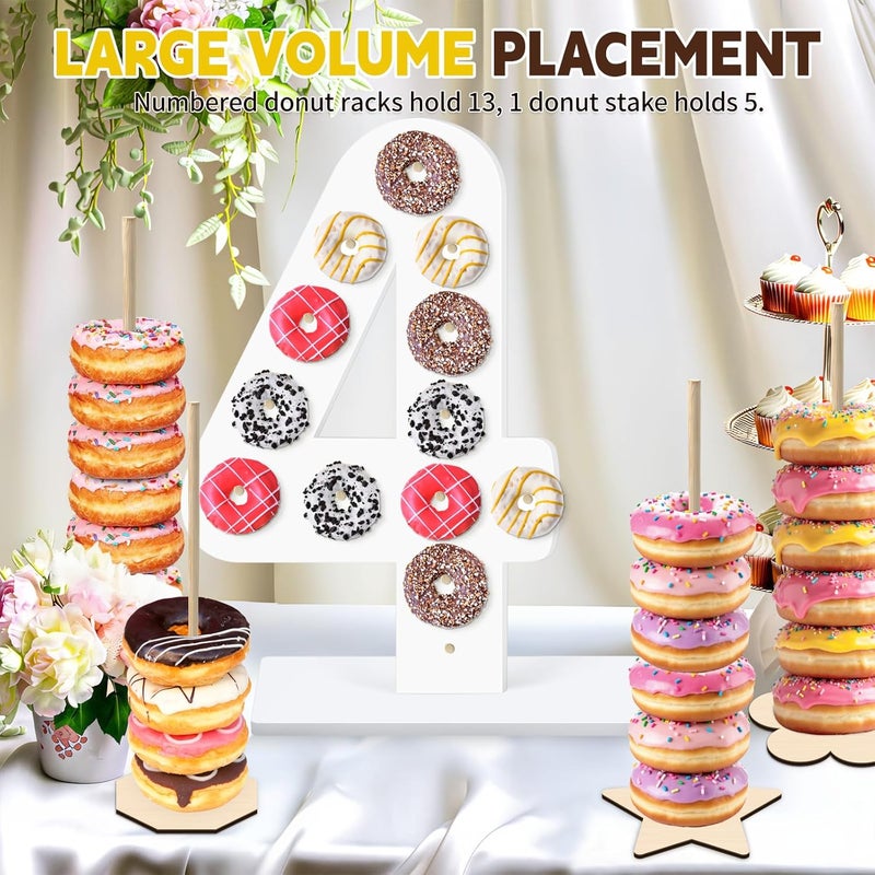 soleim 5 Pcs Donut Stand Set, Doughnut Party Supplies Include 1 Pc Digit Donut Wall Display Stand, 4 Pcs Doughnut Wall, for Birthday Wedding Baby Shower Party (White number 4) - Image 3