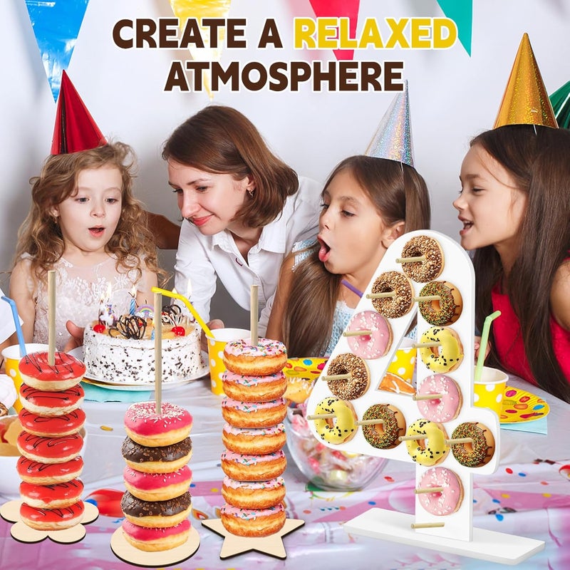soleim 5 Pcs Donut Stand Set, Doughnut Party Supplies Include 1 Pc Digit Donut Wall Display Stand, 4 Pcs Doughnut Wall, for Birthday Wedding Baby Shower Party (White number 4) - Image 4