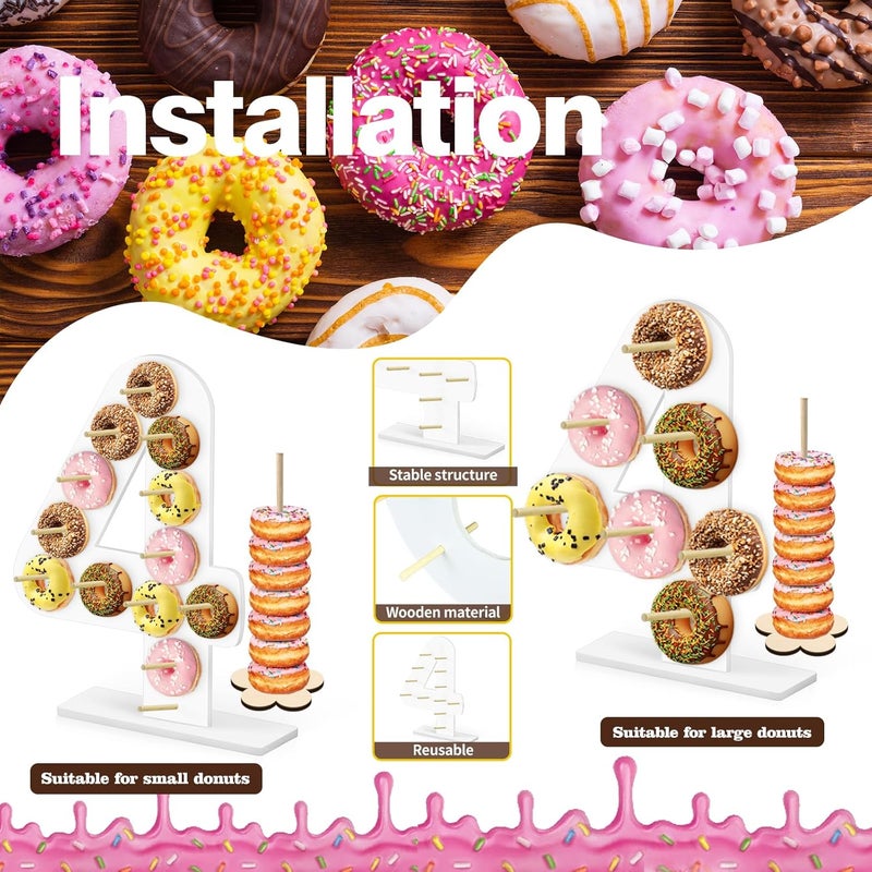 soleim 5 Pcs Donut Stand Set, Doughnut Party Supplies Include 1 Pc Digit Donut Wall Display Stand, 4 Pcs Doughnut Wall, for Birthday Wedding Baby Shower Party (White number 4) - Image 5