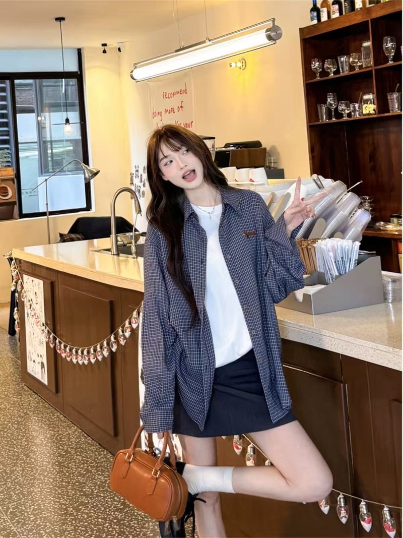 [ Straight Hair] Retro Plaid Shirt 2025 Spring New Long Sleeve Loose Casual Shirt - Image 3