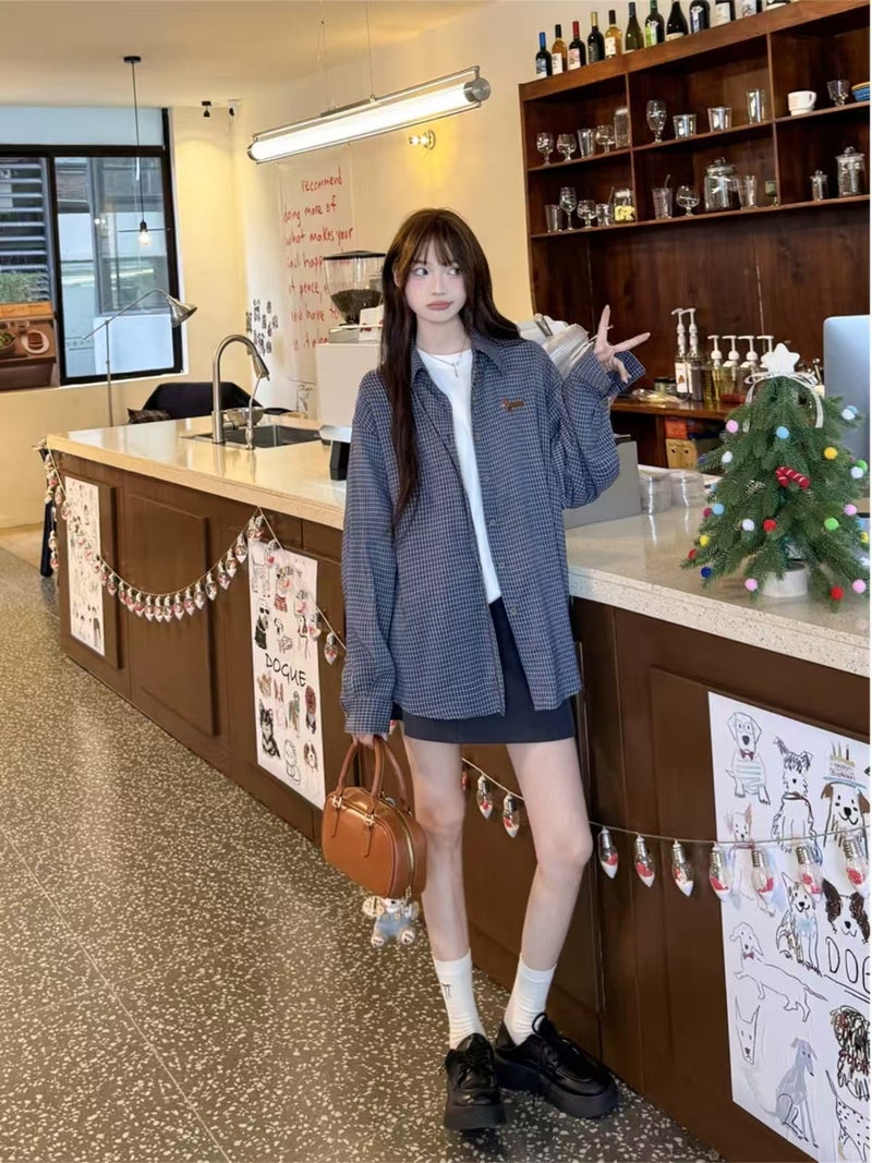 [ Straight Hair] Retro Plaid Shirt 2025 Spring New Long Sleeve Loose Casual Shirt - Image 5