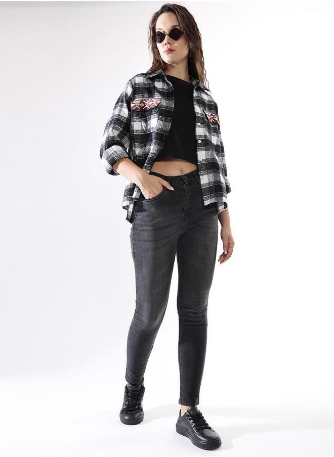 HIGH STAR Women Oversized Fit Checked Embroidered Casual Shirt  - Image 2