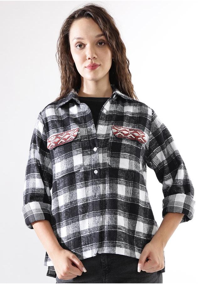 HIGH STAR Women Oversized Fit Checked Embroidered Casual Shirt  - Image 3