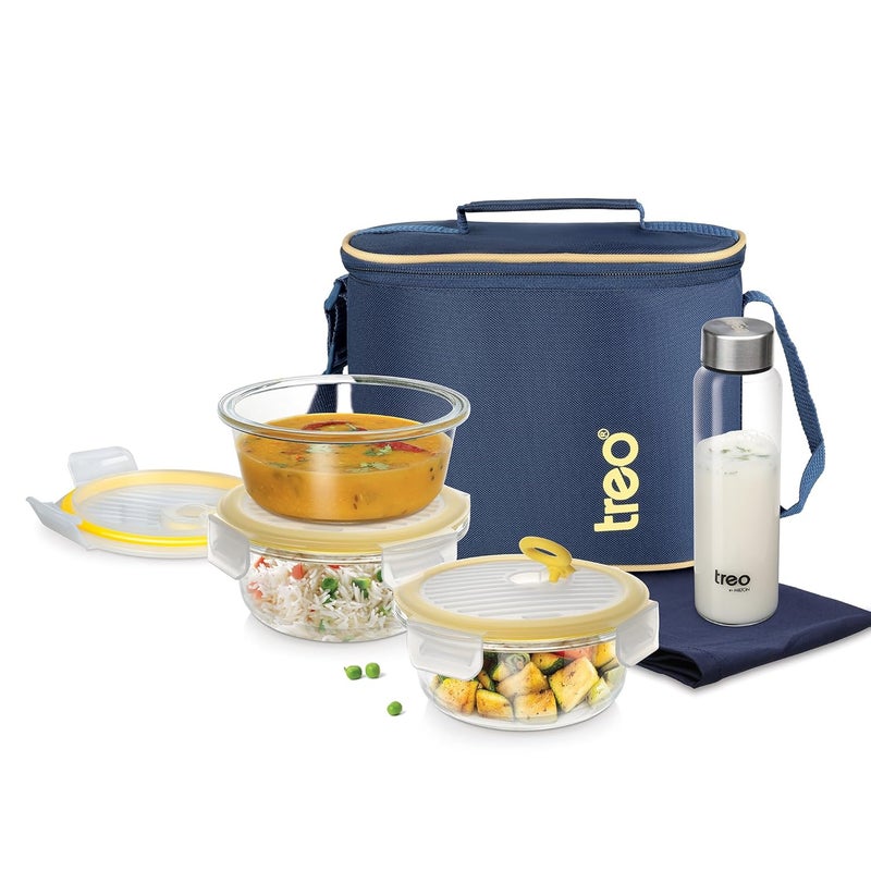 By Milton All Fresh Borosilicate Glass Round Tiffin Set of 5,Durable Carry Jacket & Glass Bottle,Microwave-Oven Safe,Leak Proof, Air Vent Lid,Scratch Resistant,Ideal for Office,School,Travel,Blue