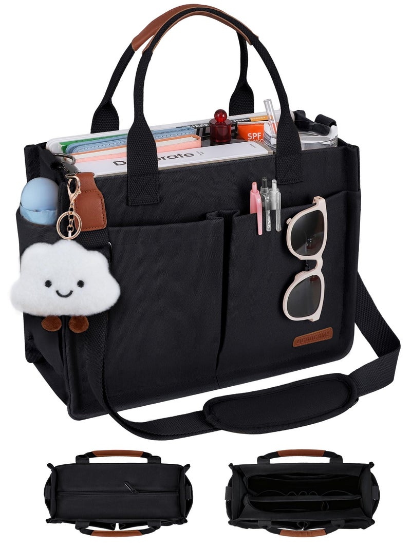 BESBESME Canvas Tote Bag for Women with Zipper & Compartments- Multi-Pocket Work & College Crossbody Shoulder Bag, Detachable Strap, Laptop Purse for Teachers, Nurses, Travel, Bible Study, Black L - Image 1