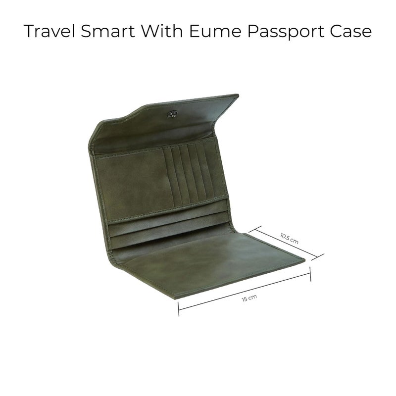 EUME Crest Passport Holder for Men & Women, Charcoal Green |Trifold Premium Vegan Leather | 6 Card Slots, 1 Compartment, 2 Slip Pockets | Passport Pouch | Travel Document Organiser | Passport Cover - Image 3