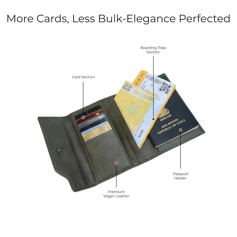 EUME Crest Passport Holder for Men & Women, Charcoal Green |Trifold Premium Vegan Leather | 6 Card Slots, 1 Compartment, 2 Slip Pockets | Passport Pouch | Travel Document Organiser | Passport Cover - Image 4