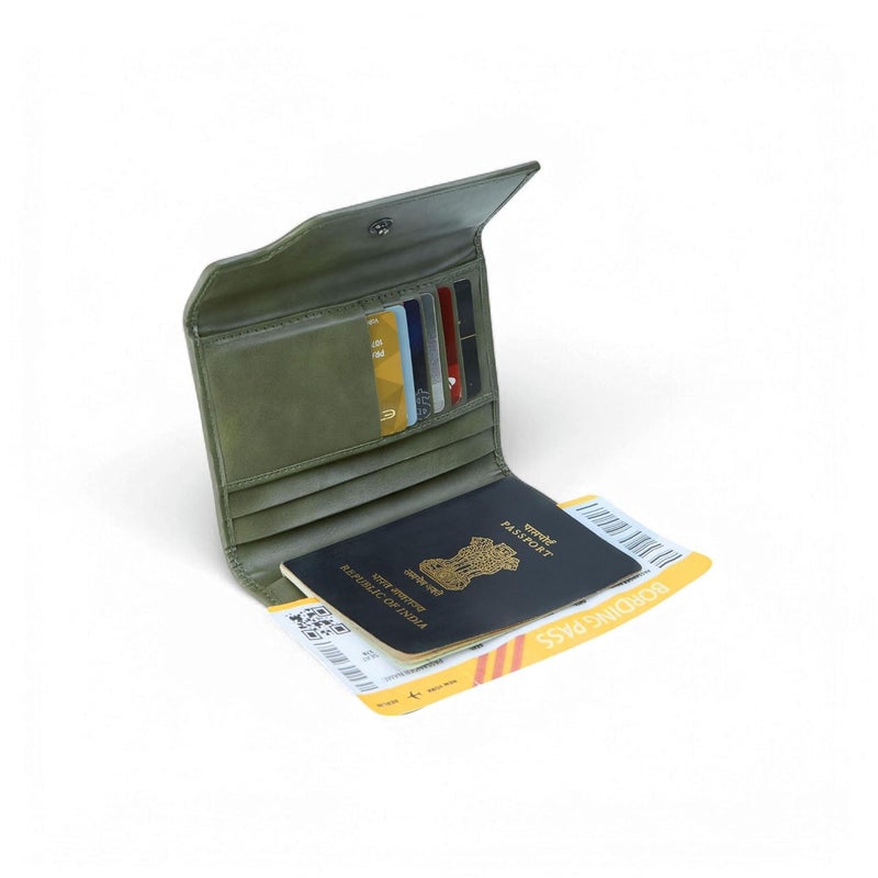 EUME Crest Passport Holder for Men & Women, Charcoal Green |Trifold Premium Vegan Leather | 6 Card Slots, 1 Compartment, 2 Slip Pockets | Passport Pouch | Travel Document Organiser | Passport Cover - Image 5
