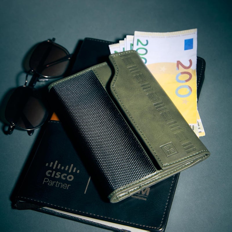 EUME Crest Passport Holder for Men & Women, Charcoal Green |Trifold Premium Vegan Leather | 6 Card Slots, 1 Compartment, 2 Slip Pockets | Passport Pouch | Travel Document Organiser | Passport Cover - Image 2