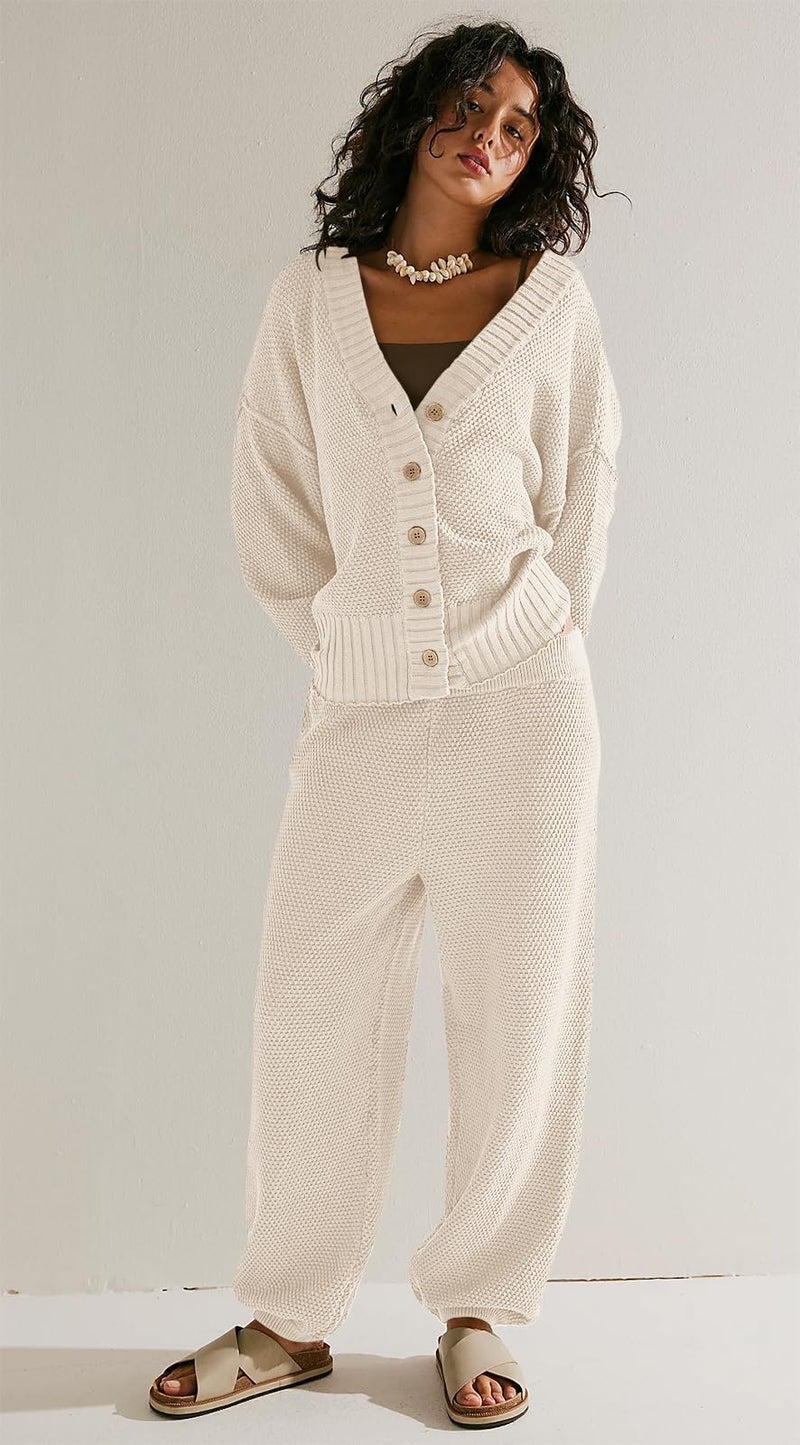 SAUKOLE Two Piece Sweater Sets for Women Free People Dupes Knit Sweatsuit Button Down Cardigan High Waist Pants Outfit Set Tracksuit - Image 2