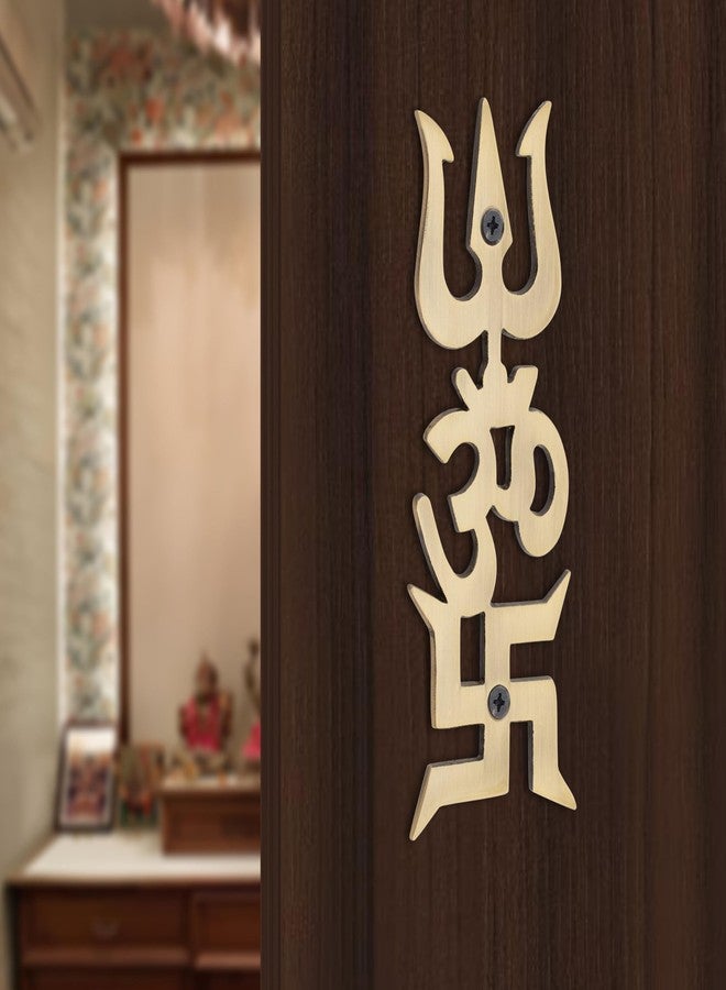 DEVDECOR The Spiritual Living Swastik for Door Entrance II Brass Swastik Om Trishul Trishakti Yantra II Main Door Entrance II Vastu Remedies II Golden II Pack of 1 (14.5 X 5.5) | 85 gm - Image 2