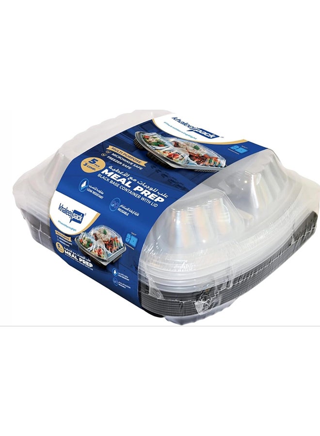 36 oz-5 Pcs Black-Base 3-section clear Microwave container with lids - rectanglular  Disposable food storage container with lids