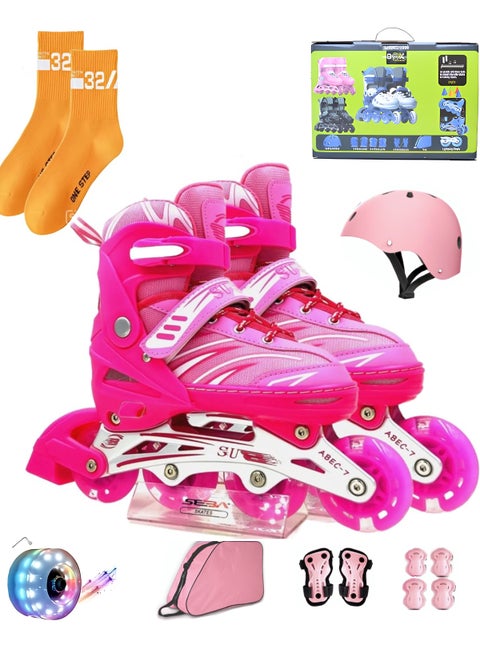 Roller skates for kids adjustable with light up wheels and tools To Convert It To Training Skates Fun Illuminating For Boys Girls Rollerskates for kids beginners, suitable for indoor outdoor (Model-302-Pink)