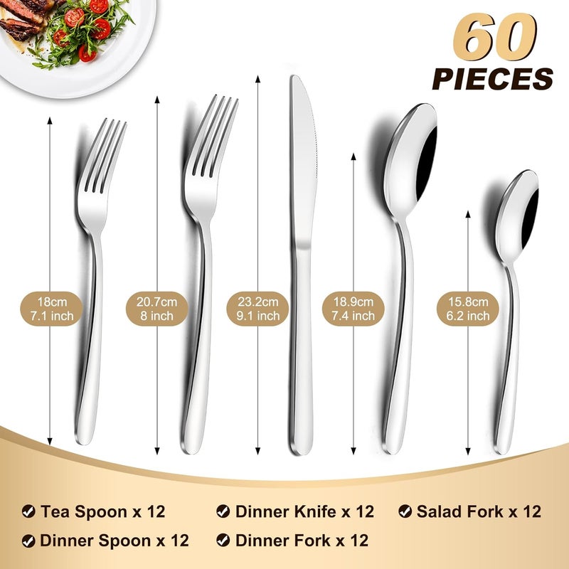 Pleafind 60-Pcs Silverware Set Service for 12, Premium Stainless Steel Flatware Set, Include Forks Spoons and Knives Set, Mirror Polished Cutlery Utensil Set for Home Restaurant, Dishwasher Safe - Image 2