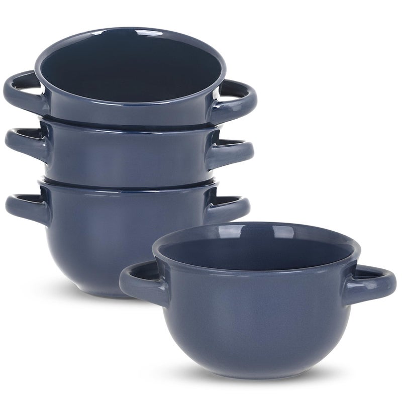 KooK French Onion Soup Bowls Crocks Oven Safe Bowls Soup Mugs Ceramic Bowls Dishwasher Microwave Set of 4 18 oz Denim