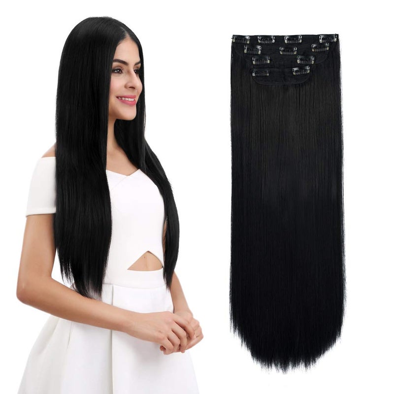 REECHO 26 Straight Super Long 4 PCS Set Thick Clip in on Hair Extensions Natural Black