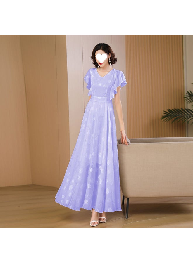 Summer Jacquard Chiffon Dress Fashionable Simple Noble Long Lotus Leaf Sleeve Large Swing Skirt For Women 