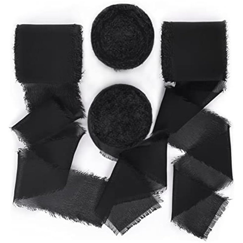 سوكومي شريط شيفون حريري مصنوع يدويا بلون اسود مقاس 1-3/4 انش × 7 ياردة، 4 لفات شرائط مهترئة لدعوات الزفاف وتغليف باقات الزفاف - Image 1