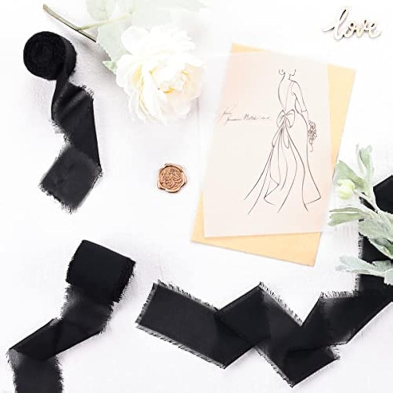 سوكومي شريط شيفون حريري مصنوع يدويا بلون اسود مقاس 1-3/4 انش × 7 ياردة، 4 لفات شرائط مهترئة لدعوات الزفاف وتغليف باقات الزفاف - Image 2
