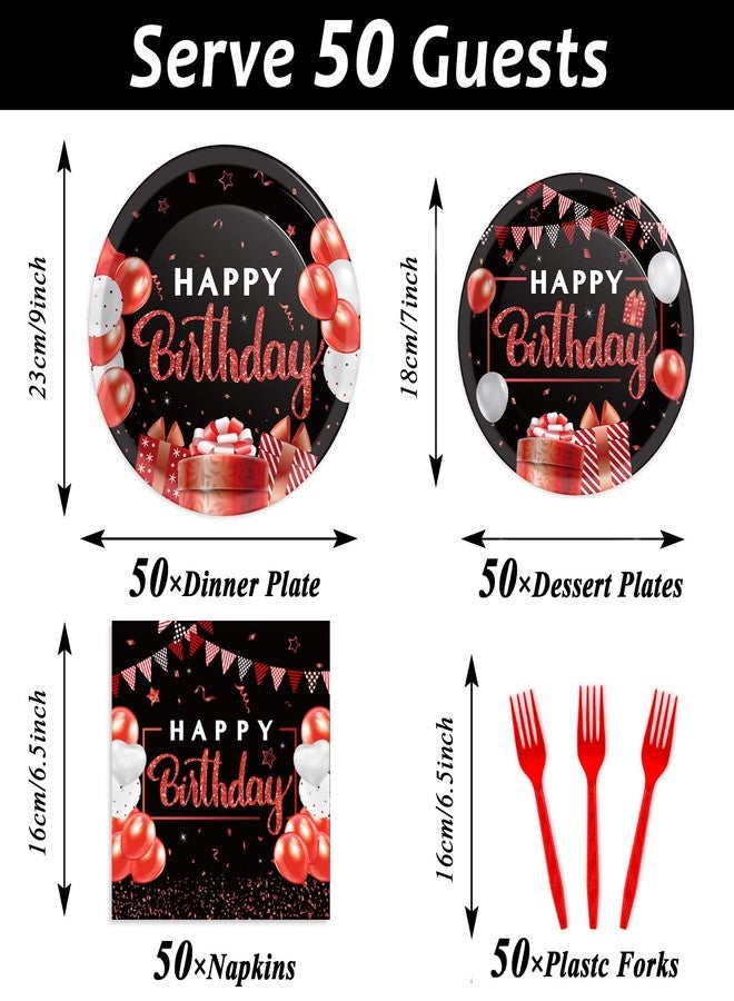 Wiooffen 200Pcs Red and Black Birthday Party Tableware Set - Confetti Sprinkles, Happy Birthday Supplies - Red and Black Paper Plates and Napkins, Forks for 50 Guests - Image 2