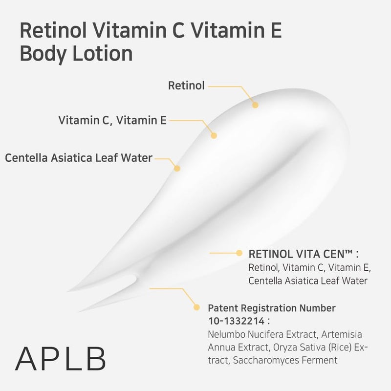 APLB Retinol Vitamin C Vitamin E Body Lotion | RETINOL VITA CENâ„¢ 9.3% 10.14 FL.OZ/Korean Skincare, Long lasting hydration, Wrinkle Care, Revitalize for gentle and improve skin texture - Image 4