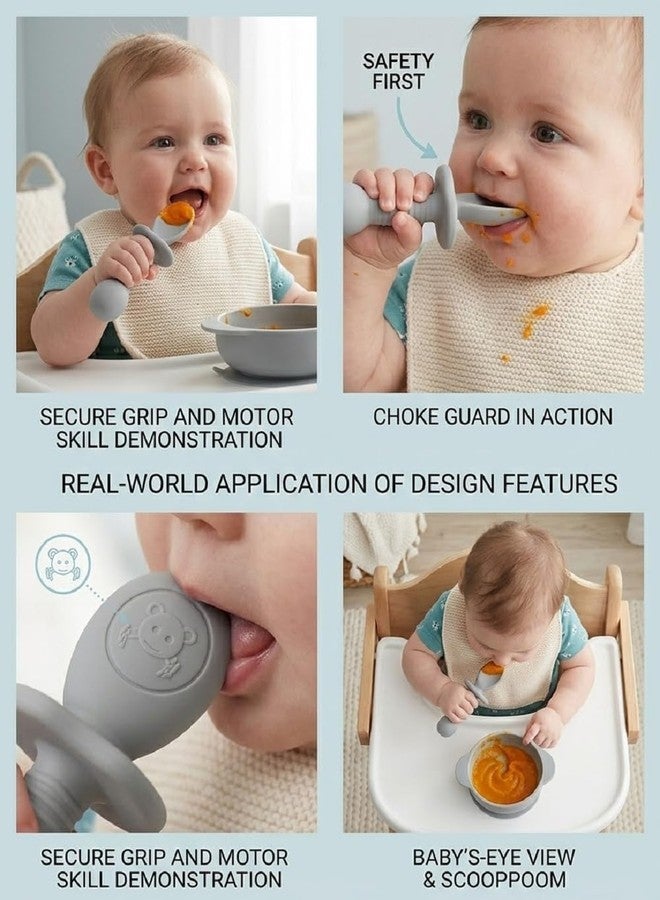 PXBQ Silicone Baby Training Spoon Set for Self Feeding, Soft BPA Free Toddler Spoon with Easy Grip Handle, Anti Choke Design, Infant Weaning Spoon for Babies (Grey) - Image 3