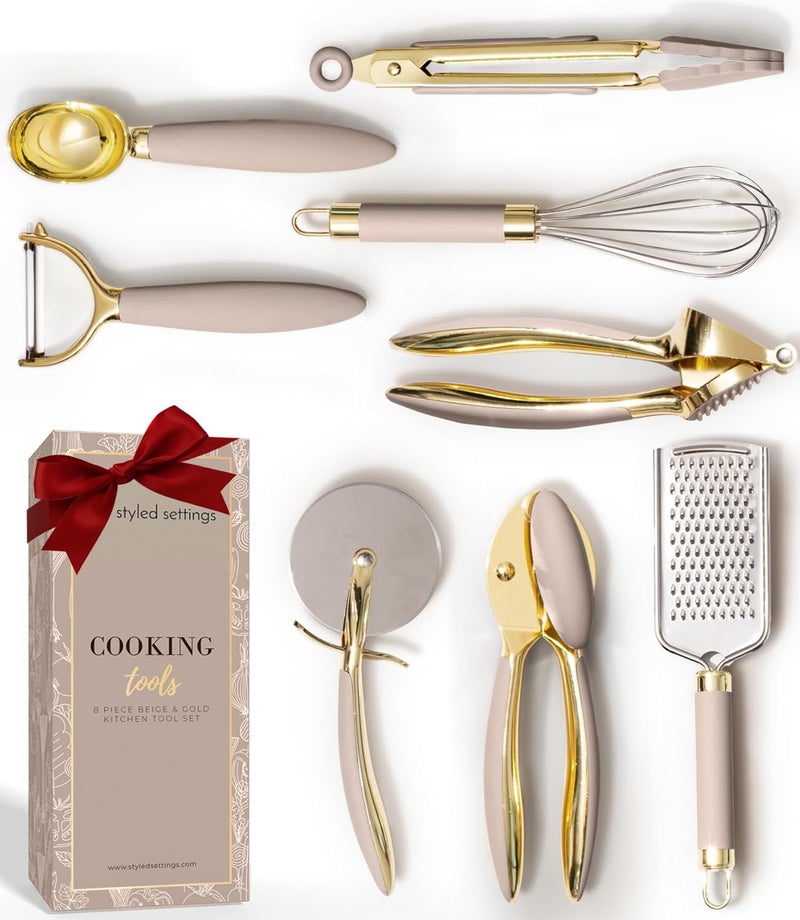 styled settings Gold and Beige Kitchen Utensils Set – 8 PC Cooking Gadgets with Mini Gold Whisk and Tongs, Pizza Cutter, Garlic Press, Cheese Grater, Peeler, Can Opener, Scoops – Stylish Beige Kitchen Accessories - Image 1