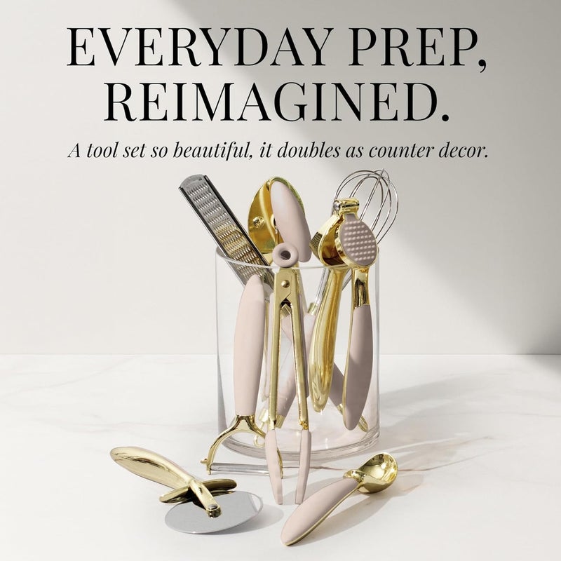 styled settings Gold and Beige Kitchen Utensils Set – 8 PC Cooking Gadgets with Mini Gold Whisk and Tongs, Pizza Cutter, Garlic Press, Cheese Grater, Peeler, Can Opener, Scoops – Stylish Beige Kitchen Accessories - Image 3