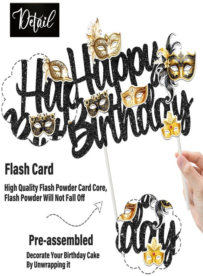 umoni Masquerade Mask Happy Birthday Cake Topper Black Glitter Mask Birthday Party Decorations Masquerade Mardi Gras Theme Cake Picks for Bachelorette Carnival Dancing Party Supplies - Image 3