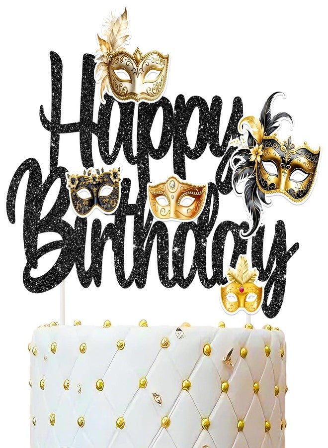 umoni Masquerade Mask Happy Birthday Cake Topper Black Glitter Mask Birthday Party Decorations Masquerade Mardi Gras Theme Cake Picks for Bachelorette Carnival Dancing Party Supplies - Image 1