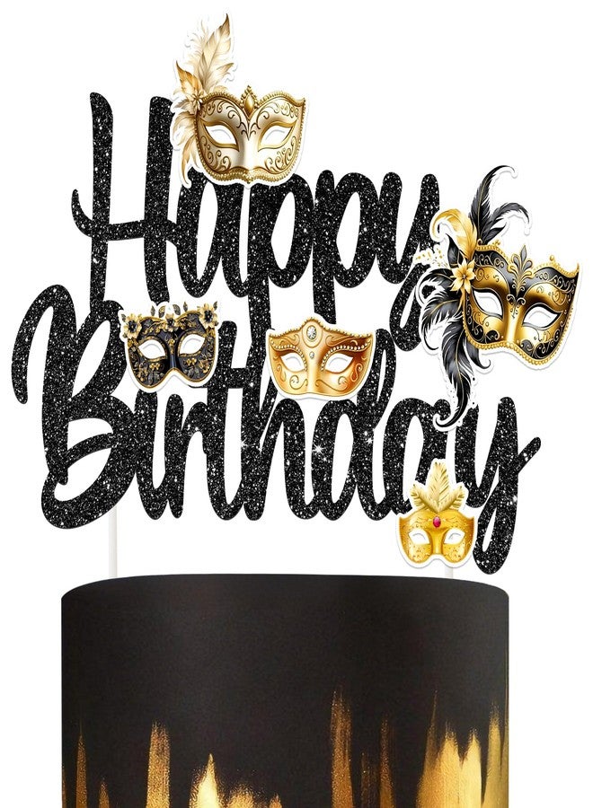 umoni Masquerade Mask Happy Birthday Cake Topper Black Glitter Mask Birthday Party Decorations Masquerade Mardi Gras Theme Cake Picks for Bachelorette Carnival Dancing Party Supplies - Image 2
