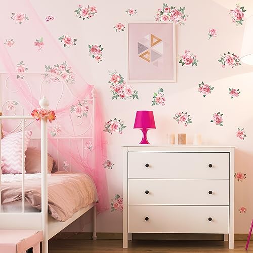 DRWSSR Pink Flowers & Green Leaves Wall Decals - Removable Peel & Stick Garden Floral Wall Stickers for Bedroom & Living Room - Image 4