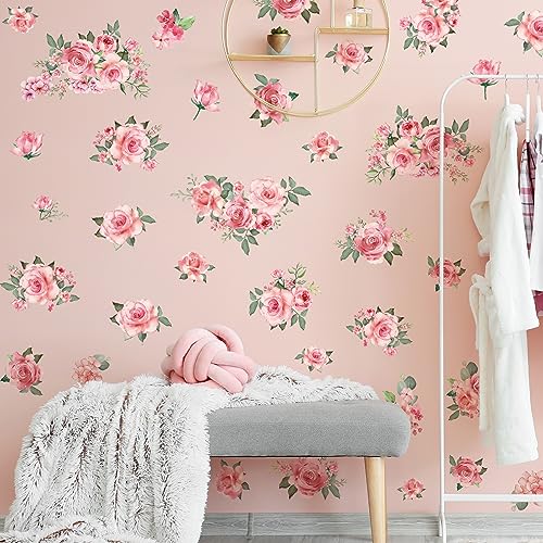 DRWSSR Pink Flowers & Green Leaves Wall Decals - Removable Peel & Stick Garden Floral Wall Stickers for Bedroom & Living Room - Image 1