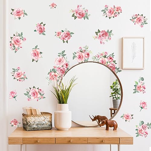 DRWSSR Pink Flowers & Green Leaves Wall Decals - Removable Peel & Stick Garden Floral Wall Stickers for Bedroom & Living Room - Image 5