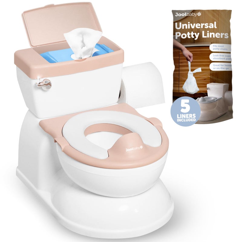Jool Baby Products Real Feel 2in1 Potty with Wipes Storage Flushing Sounds Disposable Liners Realistic Toilet Easy to Clean Assemble Jool Baby Pink