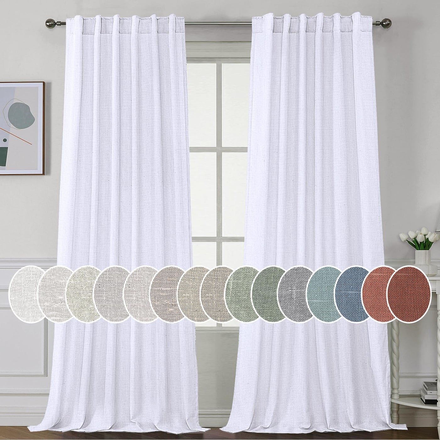 H.VERSAILTEX HVERSAILTEX Natural Linen Curtains 96 inches Long for Living Room 2 Panels Back Tab Loop Pocket Textured Light Filtering Semi Sheer Rustic Farmhouse Boho Curtain for Bedroom Bright White