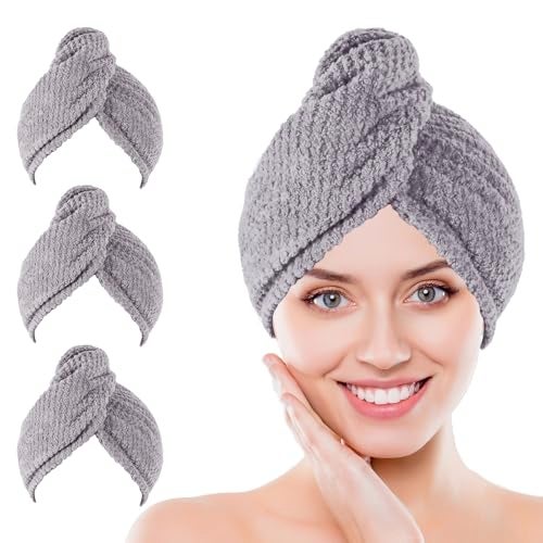 Kldnkig Microfiber Hair Towel Wrap, 3 Pack (Gray) Soft Hair Drying Towel,Shower Cap & Hair Accessories for Woman,Drying Hair Wrap Towels for Curly Hair Women Anti Frizz - Image 1