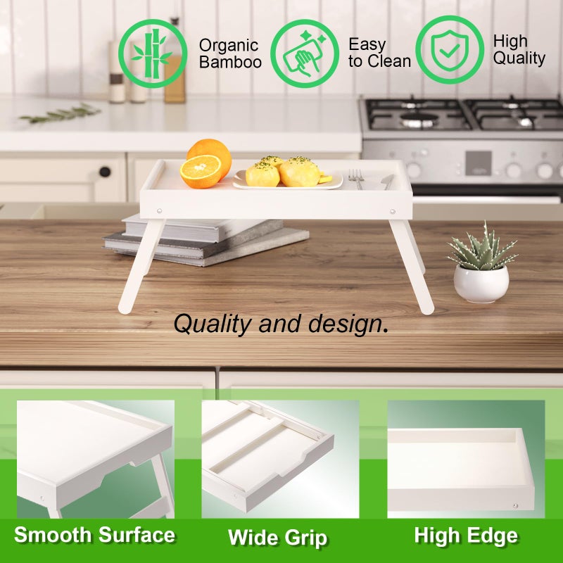 Fibogollo 2 Pack Bamboo Bed Tray Table with Folding Legs,Breakfast Trays,Serving Tray for Food and Snack,Laptop Trays for Working(White) - Image 5