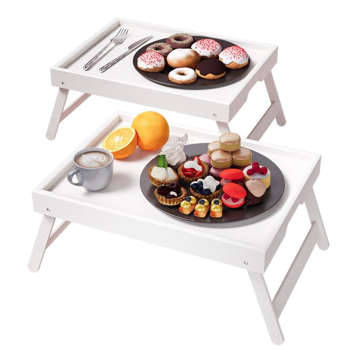 Fibogollo 2 Pack Bamboo Bed Tray Table with Folding Legs,Breakfast Trays,Serving Tray for Food and Snack,Laptop Trays for Working(White) - Image 1