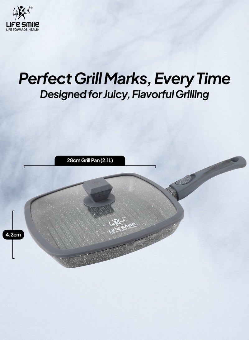 Life Smile 28cm Granite Non-Stick Square Grill Pan with Glass Lid (2.1L) | Detachable Handle | Induction Compatible | PFOA-Free | Multi-Layer Granite Coating | Beige - Image 3