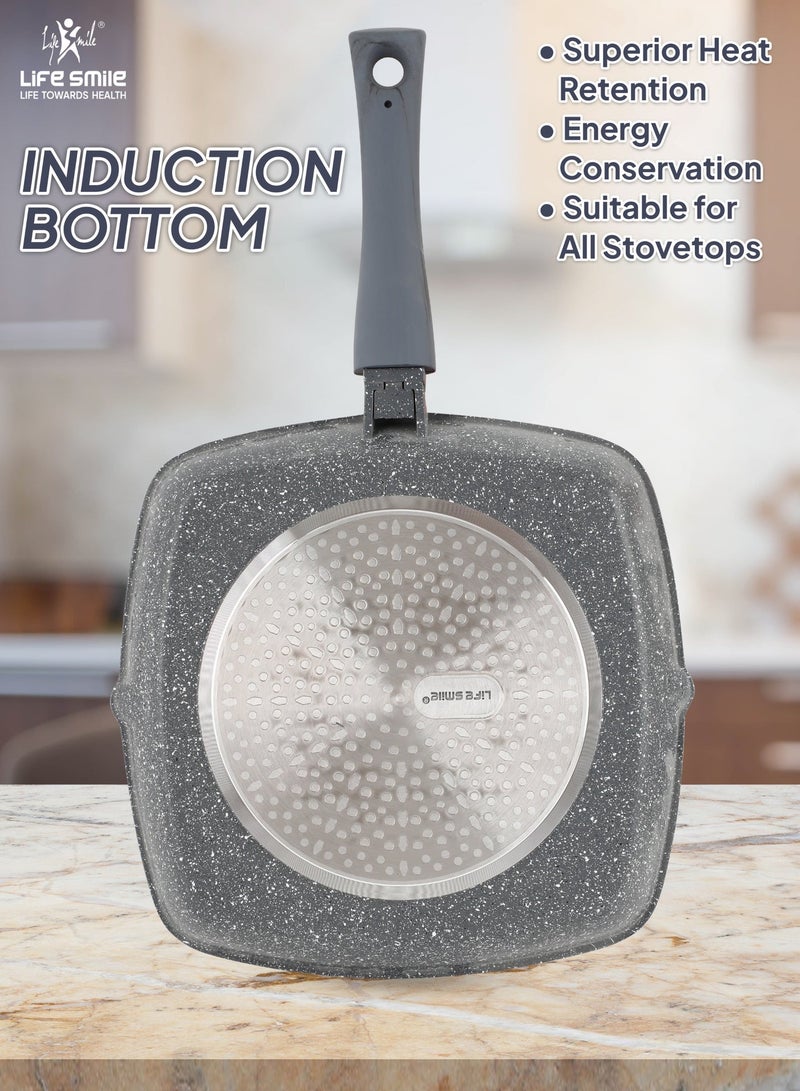 Life Smile 28cm Granite Non-Stick Square Grill Pan with Glass Lid (2.1L) | Detachable Handle | Induction Compatible | PFOA-Free | Multi-Layer Granite Coating | Beige - Image 2