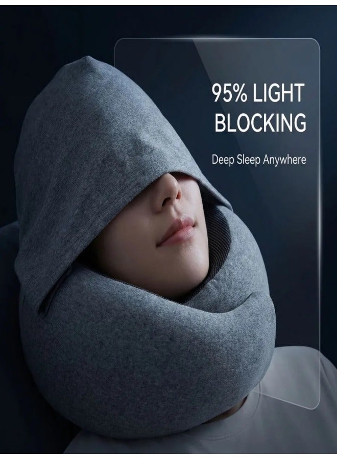 Memory Foam Hooded Neck Pillow Adjustable U Shape Travel Support - Image 3