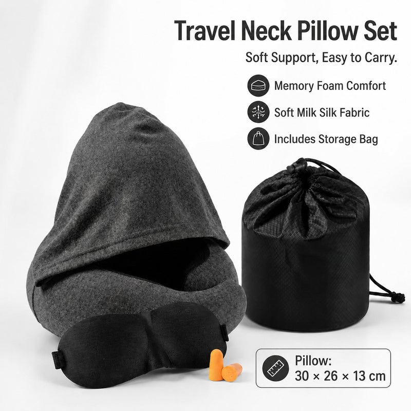 Memory Foam Hooded Neck Pillow Adjustable U Shape Travel Support - Image 1